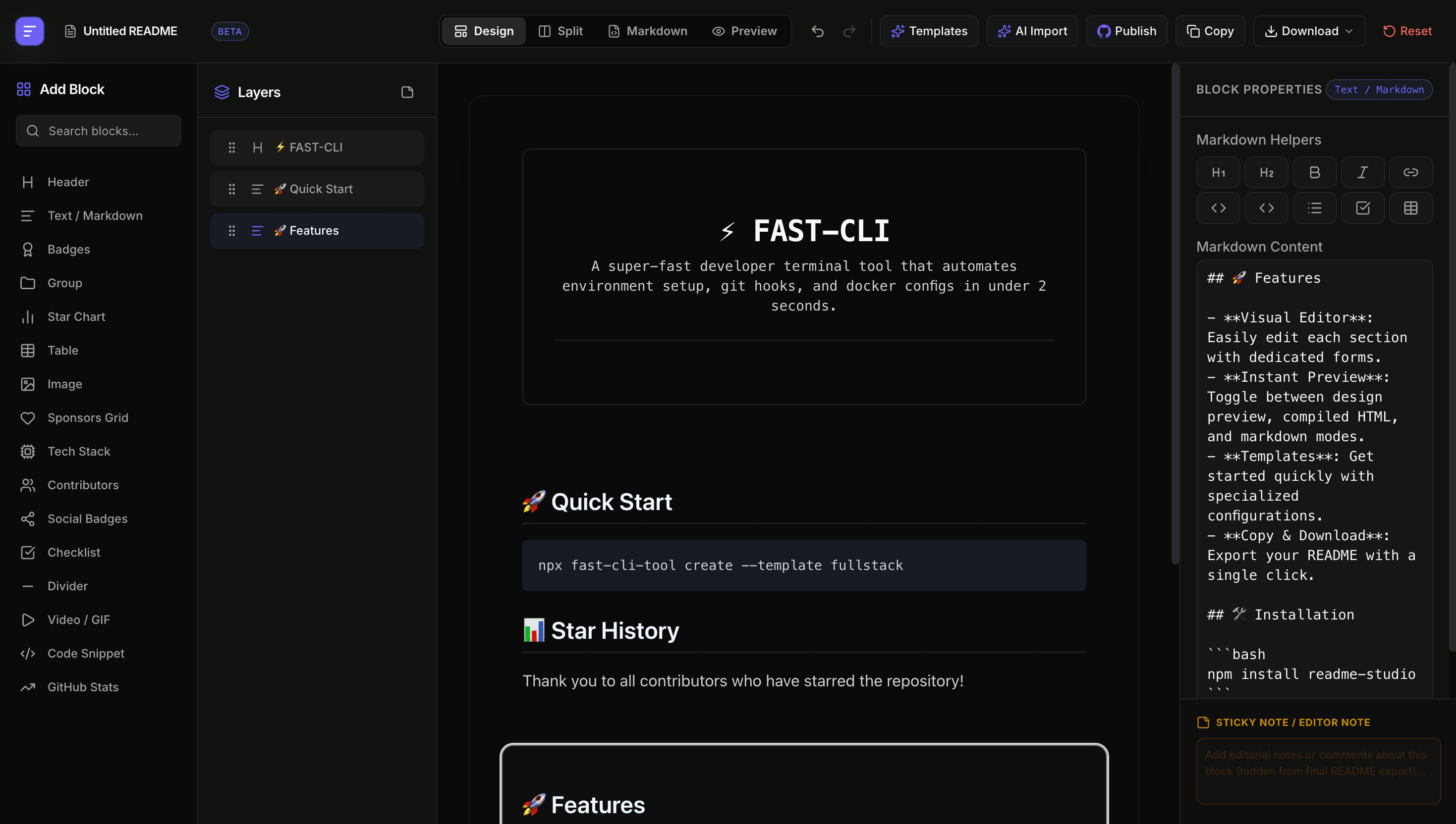 Readmely studio — drag-and-drop block editor with live GitHub preview and block properties panel